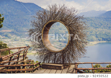 Bali trend, straw nests everywhere. Photo in a straw nest, natural environment. Lifestyle 92450522