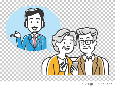 Image illustration material of senior couple receiving online consultation at home Image illustration material of senior couple receiving online consultation at home 92450577