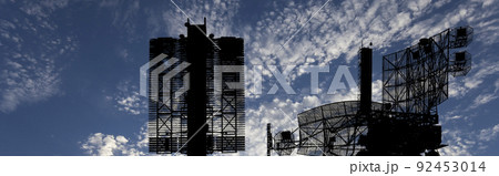 Air defense radars of military mobile anti aircraft systems (radar is designed and automatic tracking of targets and missiles) , modern army industry on background clouds and sky,Russia Air defense radars of military mobile anti aircraft systems (radar is designed and automatic tracking of targets and missiles) , modern army industry on background clouds and sky,Russia 92453014