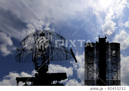 Air defense radars of military mobile anti aircraft systems (radar is designed and automatic tracking of targets and missiles) , modern army industry on background clouds and sky,Russia Air defense radars of military mobile anti aircraft systems (radar is designed and automatic tracking of targets and missiles) , modern army industry on background clouds and sky,Russia 92453232
