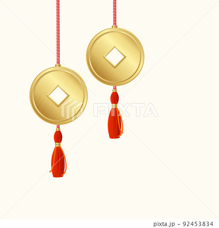Realistic Detailed 3d Hanging Asian Lucky Coins with Tassels. Vector 92453834