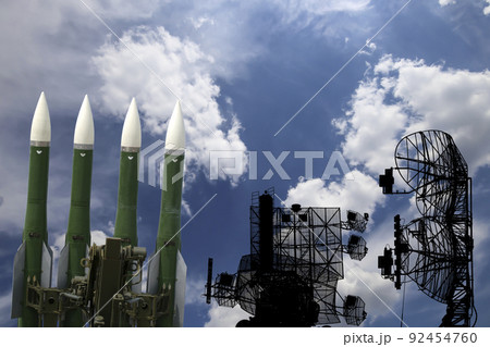 Air defense radars of military mobile anti aircraft systems and modern Russian anti aircraft missiles OSA-AKM on background clouds and sky,Russia 92454760