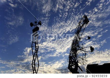 Air defense radars of military mobile anti aircraft systems, modern army industry on background beautiful clouds and sky, Russia Air defense radars of military mobile anti aircraft systems, modern army industry on background beautiful clouds and sky, Russia 92455659