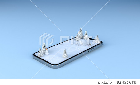 Winter snow field landscape travel destination on mobile phone screen, 3d rendering 92455689