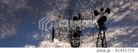 Air defense radars of military mobile anti aircraft systems, modern army industry on background beautiful clouds and sky, Russia Air defense radars of military mobile anti aircraft systems, modern army industry on background beautiful clouds and sky, Russia 92455774