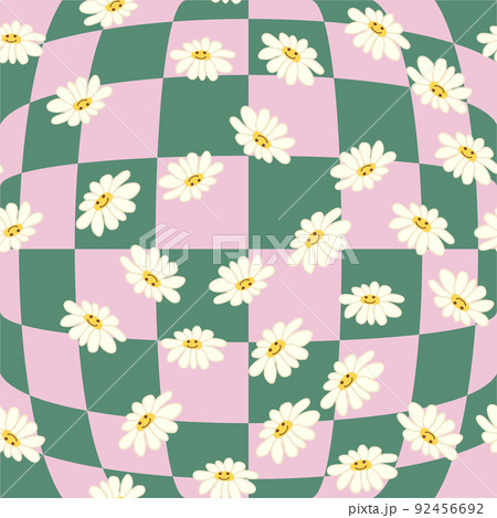 Retro Smile Chamomile Seamless Pattern on 1970 Wavy Swirl Seamless Pattern. Hippie Aesthetic. Retro Smile Chamomile Seamless Pattern on 1970 Wavy Swirl Seamless Pattern. Hippie Aesthetic. 92456692