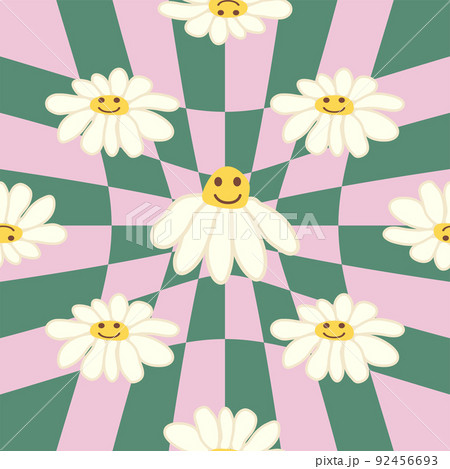 Retro Smile Chamomile Seamless Pattern on 1970 Wavy Swirl Seamless Pattern. Hippie Aesthetic. Retro Smile Chamomile Seamless Pattern on 1970 Wavy Swirl Seamless Pattern. Hippie Aesthetic. 92456693