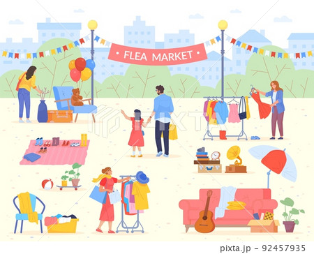 Shoppers on flea market. Outdoor bazaar seller, garage shop second hand jewelry swap used vintage clothes, street sale secondhand fair household product 92457935