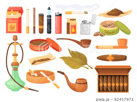 Cartoon tobacco products. Tabacco cigarette vintage cigar snuff chewing nicotine leaf medicine, smoking addiction things paper cigars smoker harmful smoke, neat vector illustration Cartoon tobacco products. Tabacco cigarette vintage cigar snuff chewing nicotine leaf medicine, smoking addiction things paper cigars smoker harmful smoke, neat vector illustration 92457973