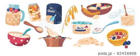 Set Oatmeal Breakfast, Porridge, Oat Flakes In Box, Bowl With Fruits And Berries In Milk, Jar Of Granola. Healthy Food Set Oatmeal Breakfast, Porridge, Oat Flakes In Box, Bowl With Fruits And Berries In Milk, Jar Of Granola. Healthy Food 92458906