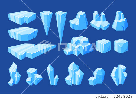Set ice Pieces, Icebergs, Frozen Floe Blocks, Blue Iced Snowdrift Caps. Ice Lumps Or Cubes With Facets, Slippery Surface Set ice Pieces, Icebergs, Frozen Floe Blocks, Blue Iced Snowdrift Caps. Ice Lumps Or Cubes With Facets, Slippery Surface 92458925
