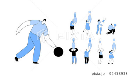Set Characters Playing Bowling, Man Throw Ball on Alley, Tiny People Holding Huge Pins. Active Lifestyle, Sparetime Set Characters Playing Bowling, Man Throw Ball on Alley, Tiny People Holding Huge Pins. Active Lifestyle, Sparetime 92458933