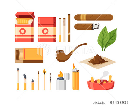 Set Of Smoking Attributes And Tobacco Products. Pipe, Lighter, Cigar, Cigarettes And Tobacco Leaf, Matches, Powder 92458935