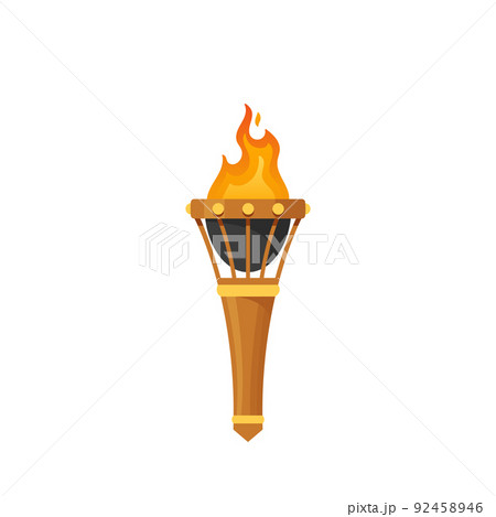 Cartoon Medieval Torch With Burning Fire Game Asset. Illumination In Dungeon Or Castle, Symbol Of Triumph, Torchlight Cartoon Medieval Torch With Burning Fire Game Asset. Illumination In Dungeon Or Castle, Symbol Of Triumph, Torchlight 92458946