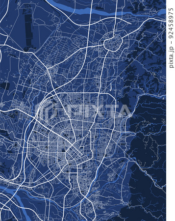 Detailed vector map poster of Taichung city, linear print map. Blue skyline urban panorama. 92458975