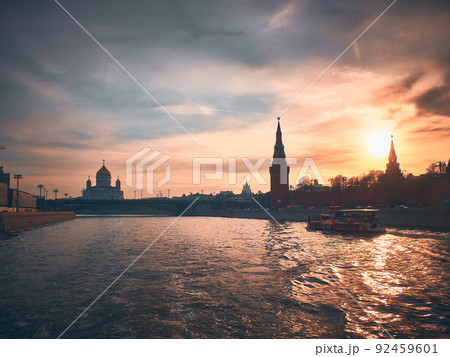 Silhouettes of Moscow Kremlin towers and Cathedral of Christ the Savior at dusk Silhouettes of Moscow Kremlin towers and Cathedral of Christ the Savior at dusk 92459601