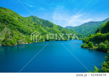 奥四万湖　四万ブルー　四万川ダム 　天羽からの眺め　新緑の季節　 92460676