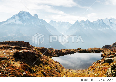 Colourful sunset on Chesery lake in France Alps Colourful sunset on Chesery lake in France Alps 92461227