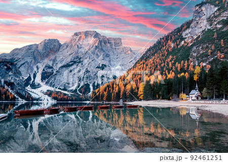 Picturesque landscape with famous lake Braies in autumn Dolomites 92461251