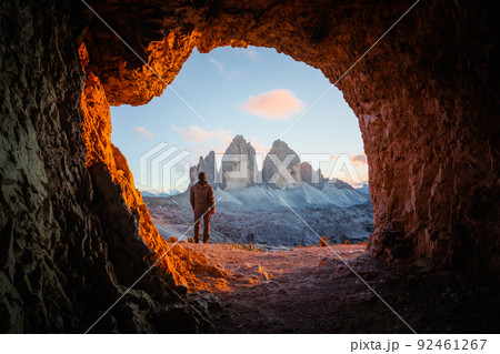 Tre Cime Di Lavaredo peaks in incredible orange sunset light 92461267
