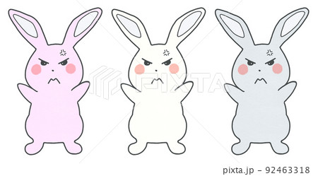 怒っているうさぎのイラスト 輪郭=実線&黒色 3色セット 怒っているうさぎのイラスト 輪郭=実線&黒色 3色セット 92463318