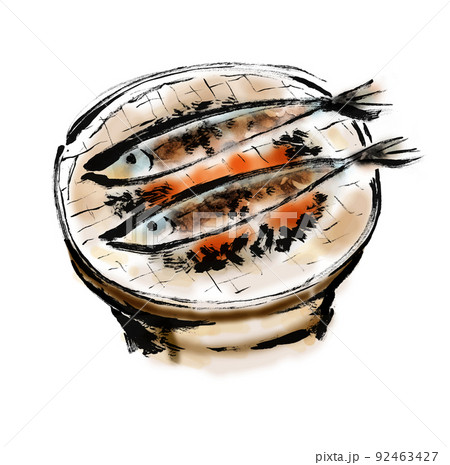 秋刀魚を七輪で焼く手描き和風イラスト　煙なし 92463427