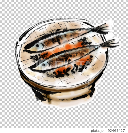 秋刀魚を七輪で焼く手描き和風イラスト　煙なし 92463427