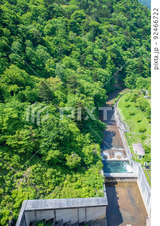 四万川ダム　奥四万湖　ダム真下の風景　新緑の季節　 92466722