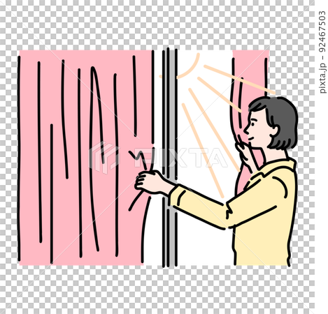 A woman in pajamas who opens the curtain to wake up and bathes in the morning sun A woman in pajamas who opens the curtain to wake up and bathes in the morning sun 92467503