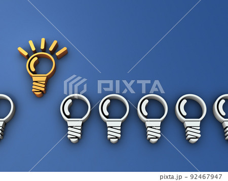 点灯する電球のシンボル。沢山の回答の中にある正解。インスピレーションとヒントの抽象的なコンセプト。 92467947