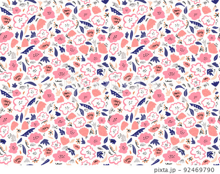 ラフな雰囲気の手描きの花柄　シームレスパターン／白背景 92469790