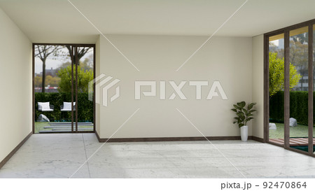 Modern minimal empty living room interior design with white marble floor and white wall 92470864