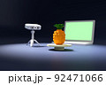 3D rendered image. Low polygon 3D objects.A 3D scanner, a notebook computer, and a pineapple on the turntable. 92471066