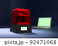 3D rendered image. Low polygon 3D objects. A 3D Printer and a notebook computer on the desk. 92471068