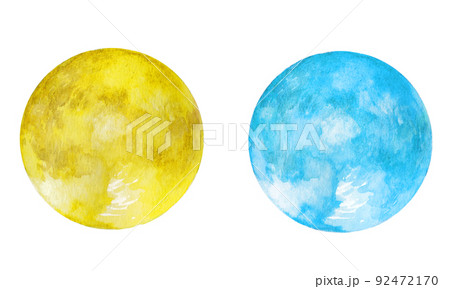 水彩で描いた黄色い月と青い月のイラスト 挿絵 背景イラスト 透過pngのイラスト素材