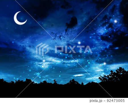 月の夜空と木のシルエット 月の夜空と木のシルエット 92473005