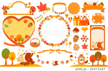秋 木の実と植物と動物 フレームとイラストセット_オレンジ文字なし 92473287
