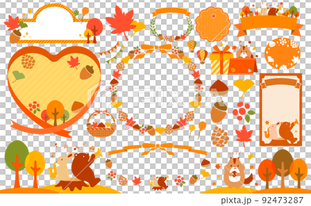 秋 木の実と植物と動物 フレームとイラストセット_オレンジ文字なし 92473287