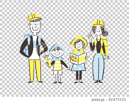 A family wearing a helmet and a disaster prevention hood A family wearing a helmet and a disaster prevention hood 92473533