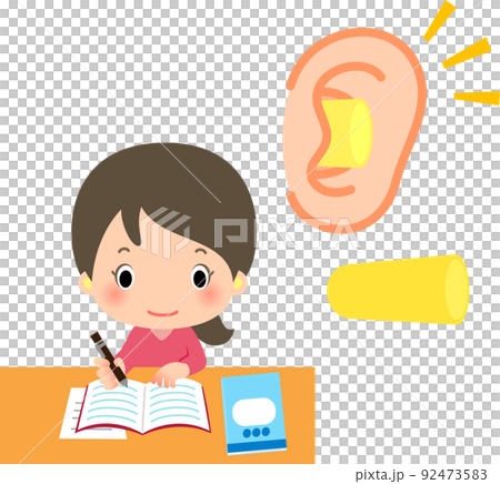A woman studying with earplugs A woman studying with earplugs 92473583