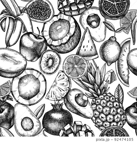 Fruits seamless pattern background design. Engraved style. Hand drawn bananas, kiwi etc. 92474105