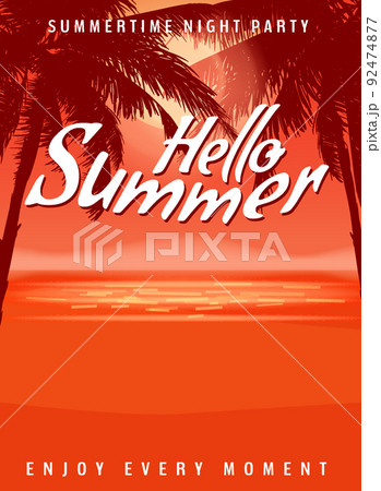 Hello Summer party poster design template, flyer. Summertime beach background with palms Hello Summer party poster design template, flyer. Summertime beach background with palms 92474877
