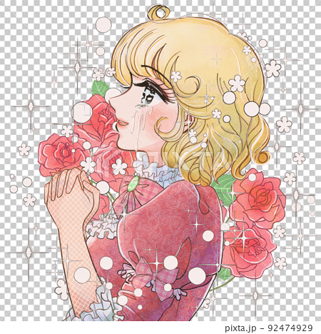 レトロ少女漫画・泣いて喜ぶプリンセスと薔薇のイラスト 92474929