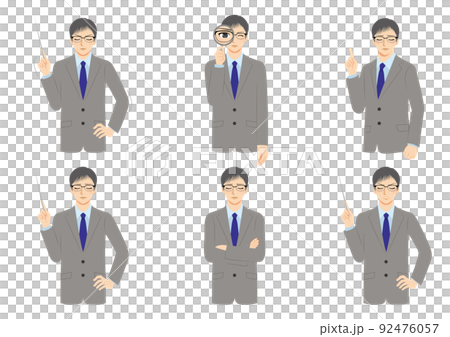 工作男性插圖集上身灰色西裝黑髮眼鏡 92476057