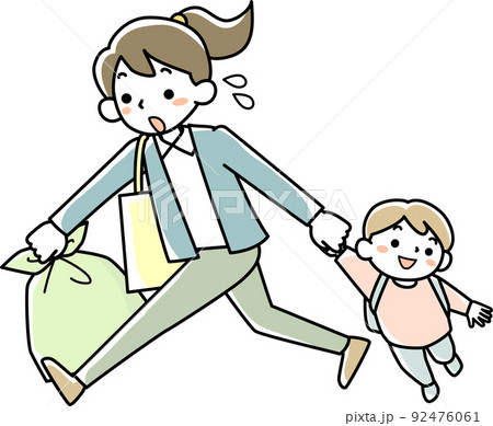 出勤時にゴミを出してから保育園へ子どもを送る若い女性 出勤時にゴミを出してから保育園へ子どもを送る若い女性 92476061