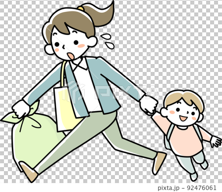 出勤時にゴミを出してから保育園へ子どもを送る若い女性 出勤時にゴミを出してから保育園へ子どもを送る若い女性 92476061