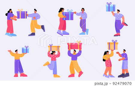 Happy people hold gift boxes, give presents Happy people hold gift boxes, give presents 92479070
