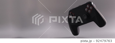 Black game joystick with buttons on gray background Black game joystick with buttons on gray background 92479763