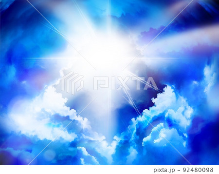 天国へ続く神々しい光が天空から輝き雲海の隙間から覗く神秘的なイラストレーションのイラスト素材