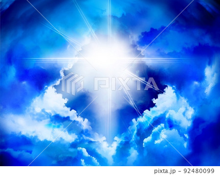 天国へ続く神々しい光が天空から輝き雲海の隙間から覗く神秘的なイラストレーションのイラスト素材